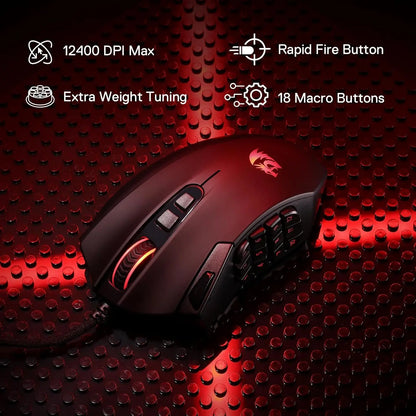 Redragon M921 MMO Gaming Mouse 12400 DPI High Precision Wired RGB Mice 18 Programmable Buttons, 12 Side Macro Keys