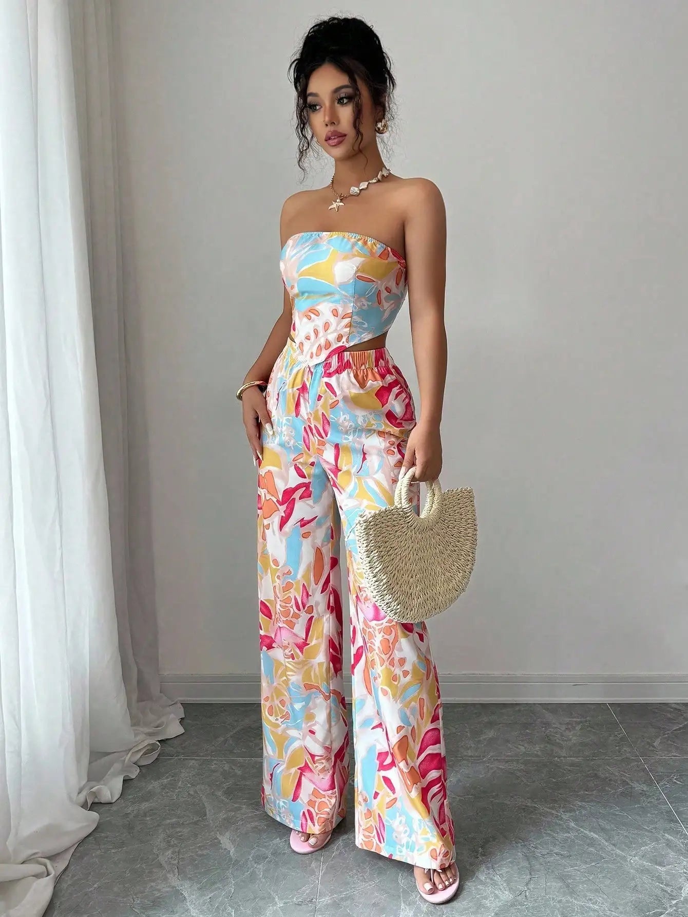 2pcs Set Halter Tie Bow Crop Top And Wide Leg Printed Pants For Women