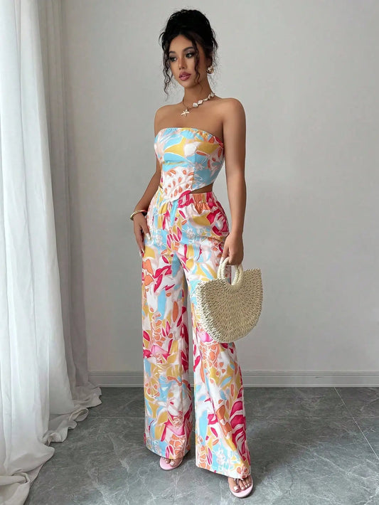 2pcs Set Halter Tie Bow Crop Top And Wide Leg Printed Pants For Women