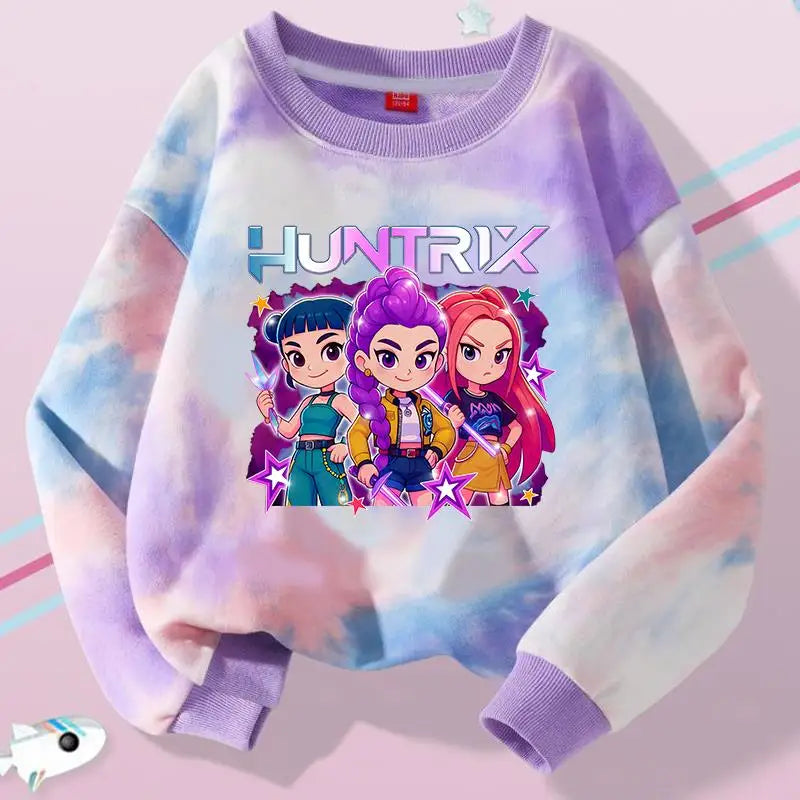 K-Pop Hunters Zoey Mira Rumi Tie-dyed Sweatshirt for Girl Pullover Crew Neck Child Sportwear Long Sleeve Cartoon Kids Tops