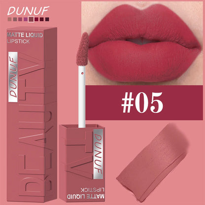 DUNUF  8-color matte velvet smooth easy-to-apply square tube lip gloss waterproof three-dimensional plumping lipstick