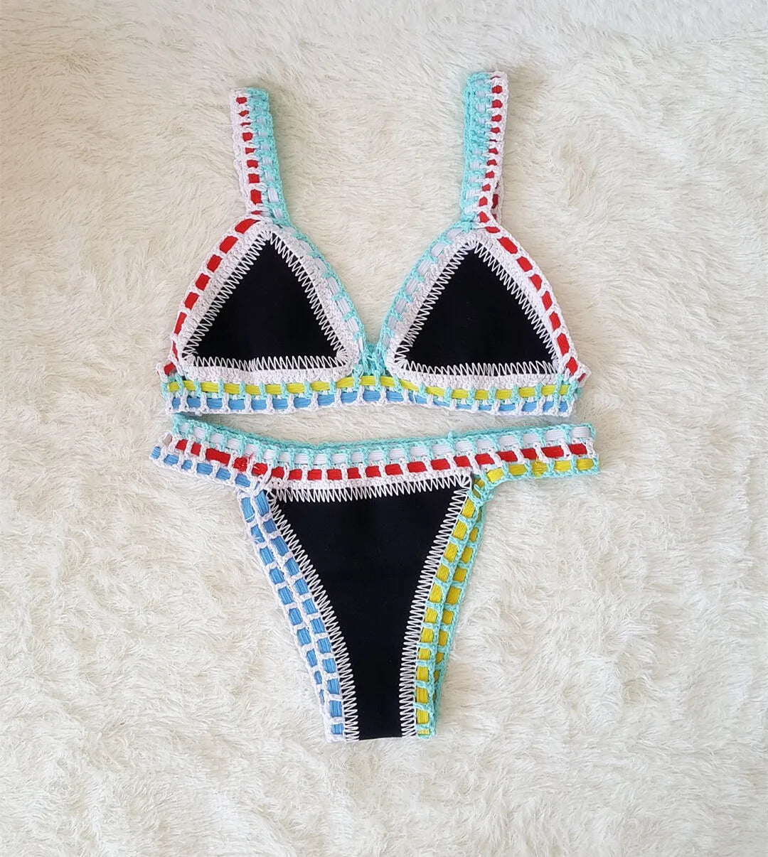 Bikini Crochet 2025 Handmade Knit Patchwork Reversible 2 Piece Swimsuit Women Halter Top Brazilian Bathing Suit Thong Swimwear