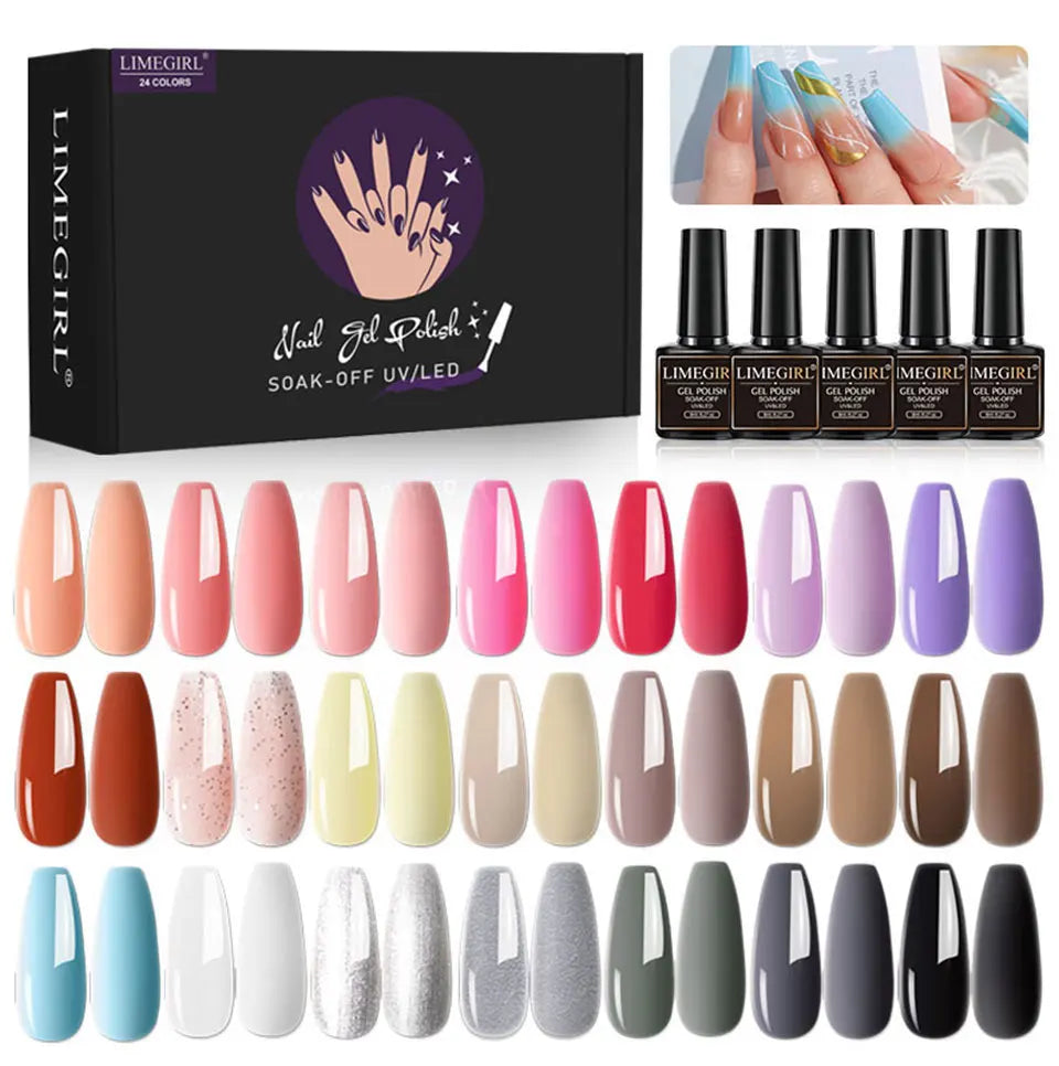 LIMEGIRL 24PCS Gel Nail Polish kit with Nail Art Diamond Powder UV  Soak Base Coat Gel for Nail Art DIY Design Gel Varnish Kit