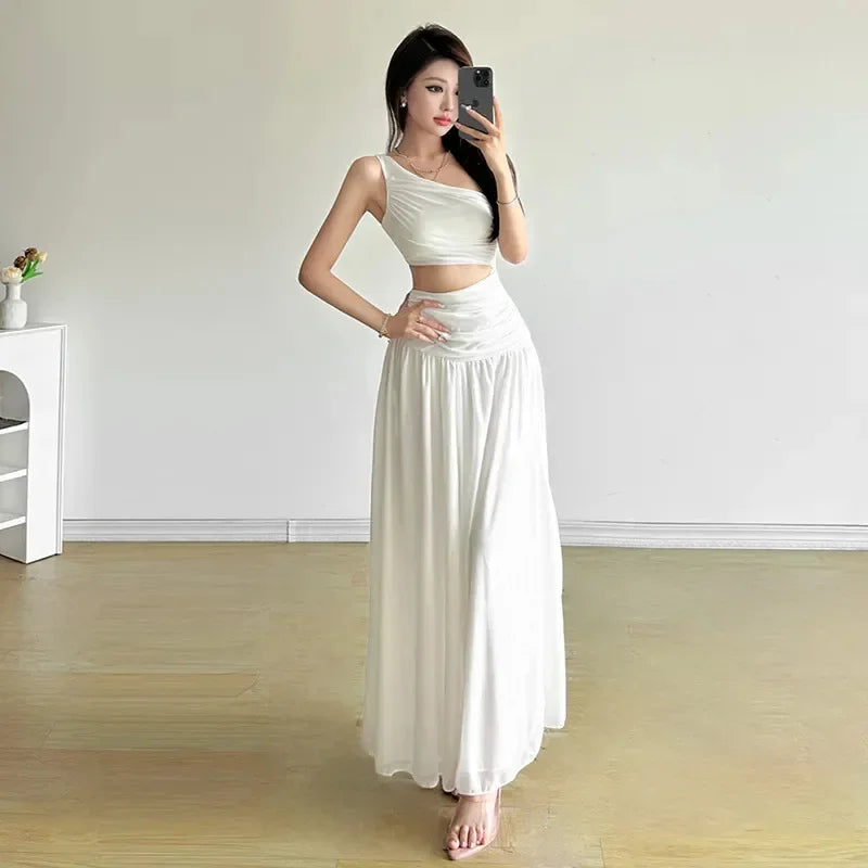 Original Quality French Style White Sleeveless Asymmetrical Shoulder Summer Long Dress Women's Holiday Feelings Skirt
