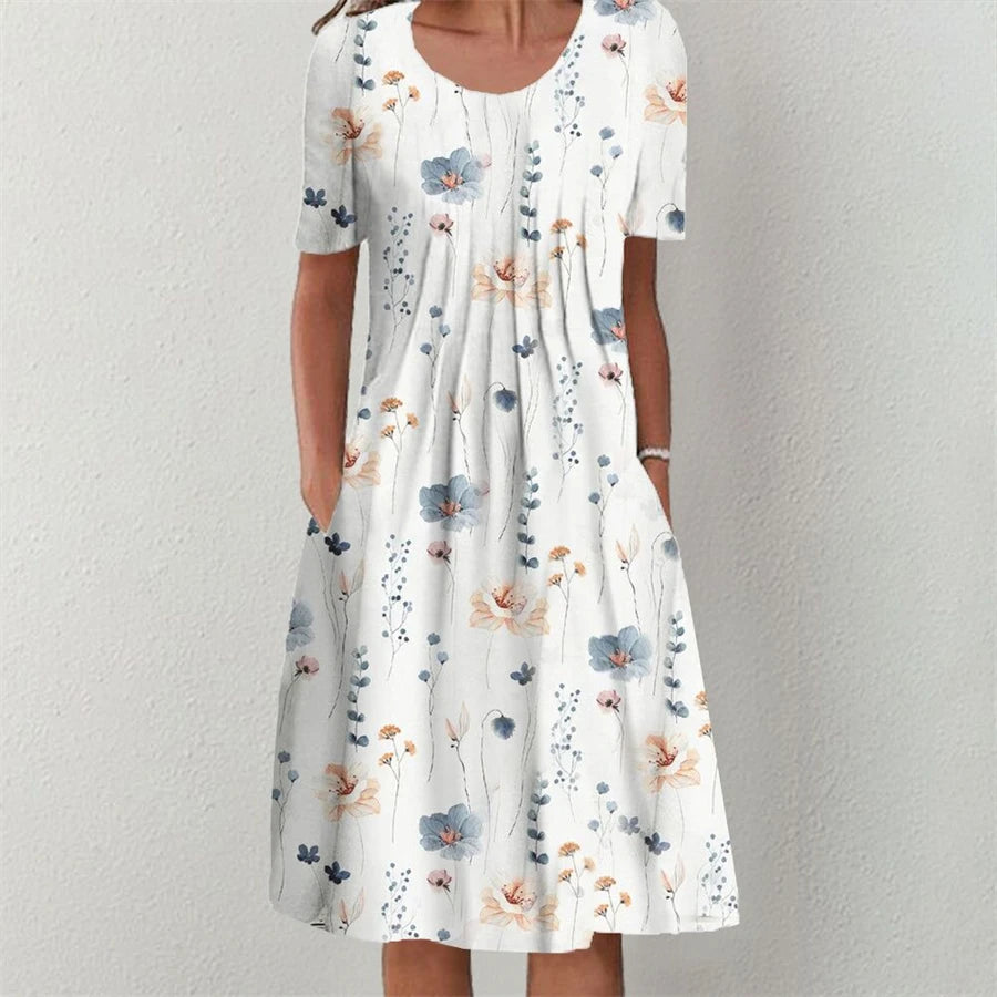 icevoolen Elegant Loose Midi Dress: Casual Short Sleeve Printed Summer Gown
