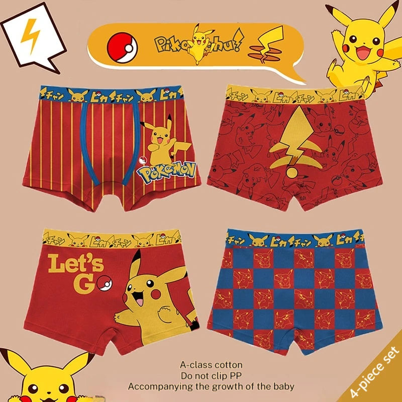 4-Piece Set Pikachu Boys' Underwear Pure Cotton Children'S Flat Corner Pants Summer Thin Spring Cartoon Cute Shorts