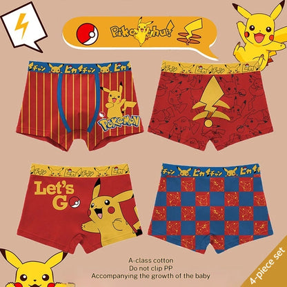 4-Piece Set Pikachu Boys' Underwear Pure Cotton Children'S Flat Corner Pants Summer Thin Spring Cartoon Cute Shorts