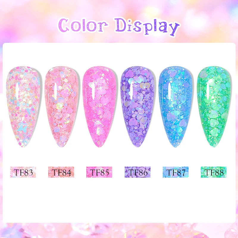 MEET ACROSS 6Pcs/Set 8ml Macaron Glitter Sequins Nail Gel Polish Heart diamond Shaped Nart Art UV Gel Varnish For Manicure