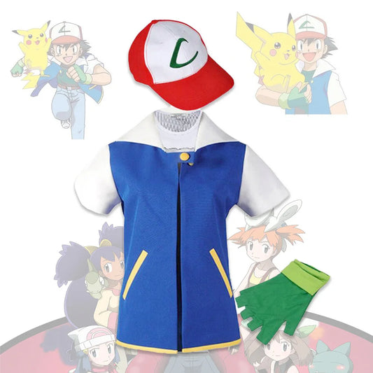 Pokemon Ash Ketchum Figures Men Cosplay Costume Blue Jacket Boys For Halloween Party Trainer Gloves Cap Set Anime Christmas Gift