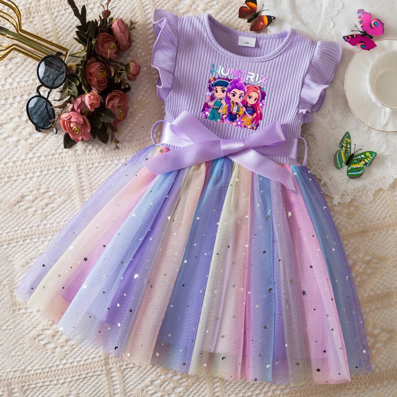 Girls' HUNTRX Rainbow Tulle Princess Dress: Sequin Star & Chibi Idol Party Gown