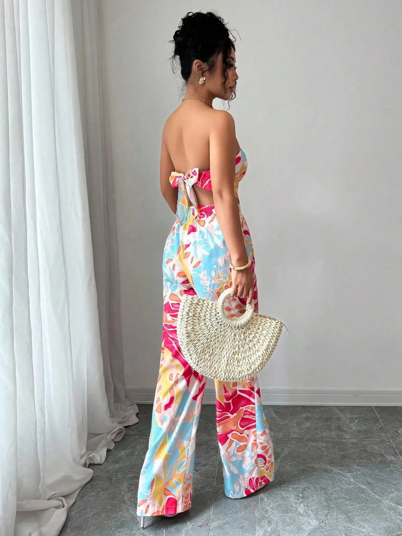 2pcs Set Halter Tie Bow Crop Top And Wide Leg Printed Pants For Women