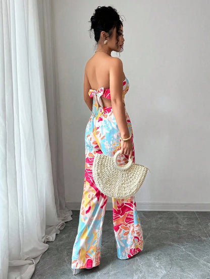 2pcs Set Halter Tie Bow Crop Top And Wide Leg Printed Pants For Women