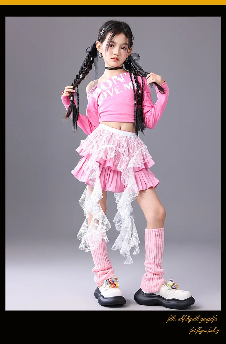 Girls Hip Hop Off Shoulder Crop Top ‌Street Dance Skirts Cargo Pants Children Streetwear Jeans Kids K-pop Girl Group Clothes Set