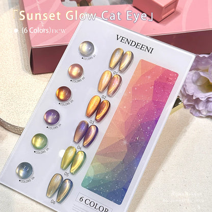 Vendeeni 6 Colors Crystal Cat Eye Gel Nail Polish Set Semi Permanent Sparkling Magnetic UV LED Soak Off Gel Varnish With Display