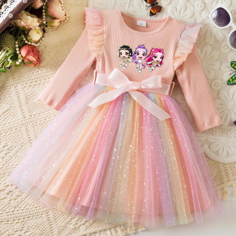 K-Pop Hunters Zoey Mira Rumi Colorful Princess Dress for Kids Girls Casual Long Sleeve Sequin Mesh Dresses Party Gift 1-5Y