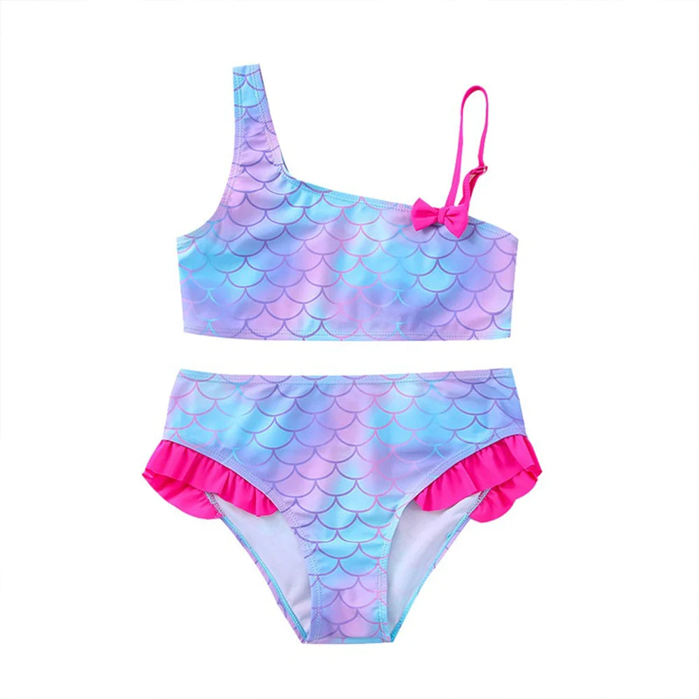 Girls' "Nature Love" Bikini Set: Mermaid Scale Pattern with Chibi Fox & Asymmetric Ruffles