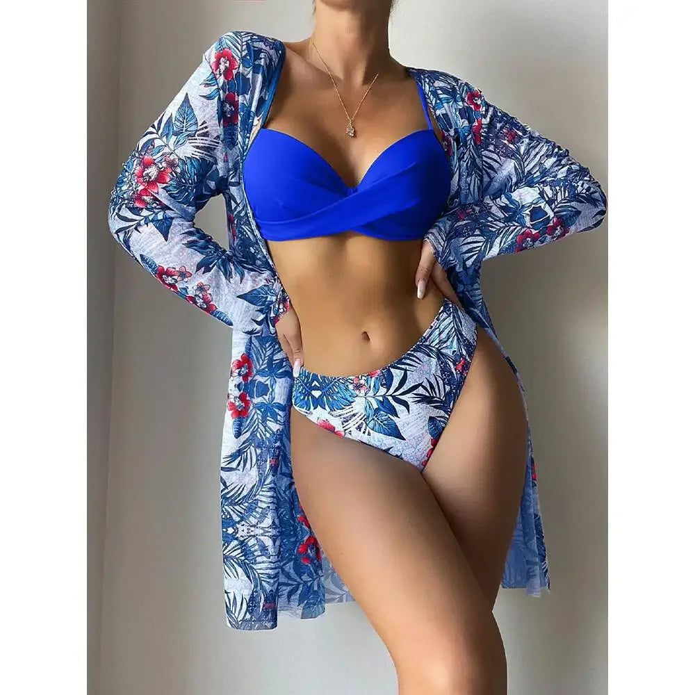 Three Pieces Bikini Set Cover Up Women 2023 New Push Up Twist Swimsuit Print Long Sleeve Swimwear Biquini Bathing Suit Summer