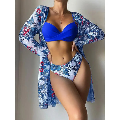 Three Pieces Bikini Set Cover Up Women 2023 New Push Up Twist Swimsuit Print Long Sleeve Swimwear Biquini Bathing Suit Summer