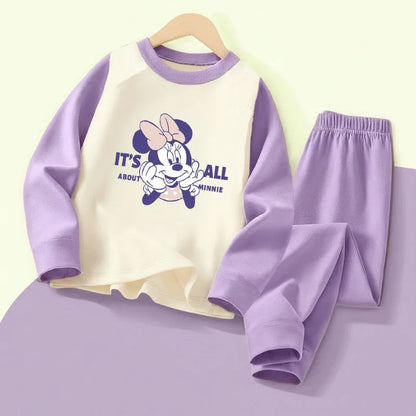 DISNEY MINNIE Printed Girls Casual Spliced Sleepwears Sets Autumn Winter Kids Comfy Soft Home Clothing Set Child Pijamas 0-10Y