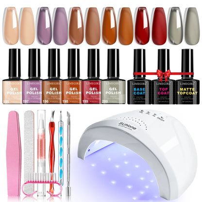 Limegirl Gel Nail Kit with Nail Lamp, 8ml Morandi Set, Base/Top/Matte, 30 Days Wear, UV/LED for Home & Salon