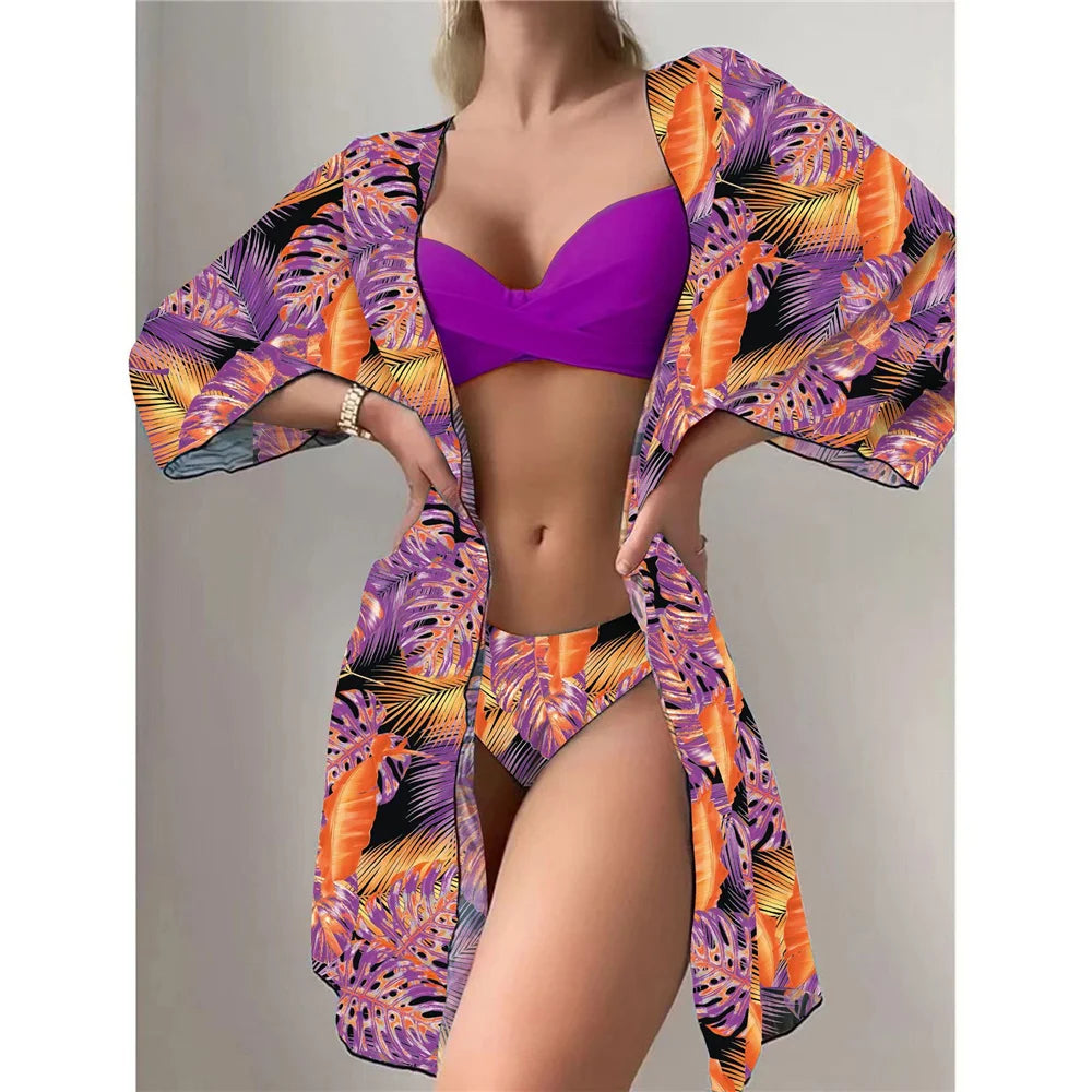 Three Pieces Bikini Set Cover Up Women 2023 New Push Up Twist Swimsuit Print Long Sleeve Swimwear Biquini Bathing Suit Summer