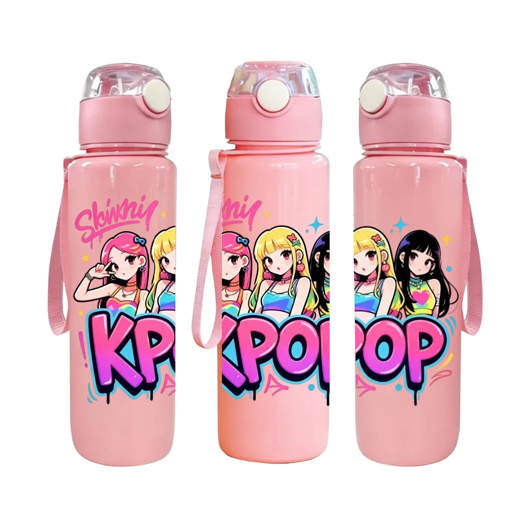 Kids' K-Pop "Idol Dreams" Portable Water Bottle: 3D Printed Leak-Proof Bottle with Lanyard