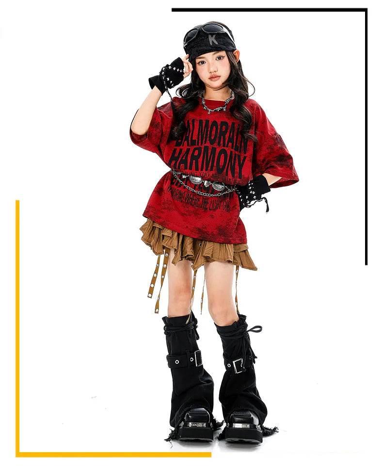 Girls Hiphop Group Jazz Dance Performance Clothes Loose Short Sleeve Top Pants Street Dance Costumes Wear