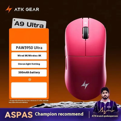 ATK DragonFly A9 Air Ultimate Wireless Gaming Mouse PAW3950 Ultra 42000DPI 750IPS 8KHz RGB Ergonomic Design for Windows MacOs