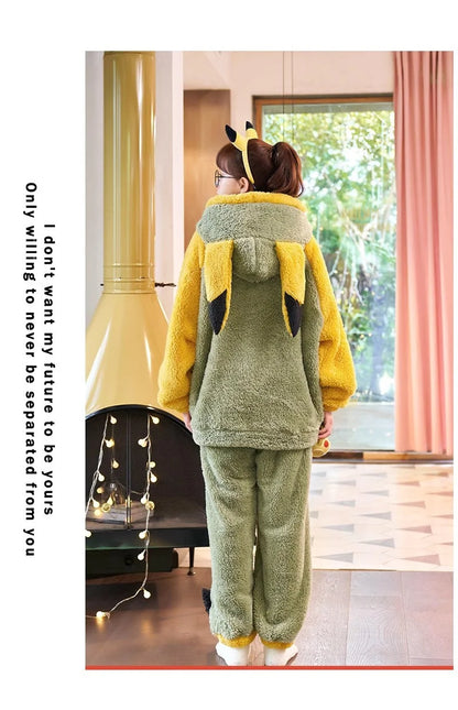 Pokemon Anime Pikachu Pajamas Hooded Women Cartoon Thickened Winter Plush Kawaii Nightgown Suit Two Home Clothing Christmas Gift