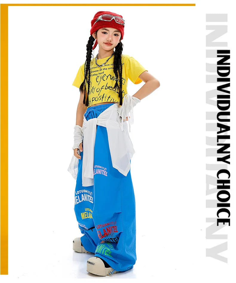 Girls Hiphop Group Jazz Dance Performance Clothes Loose Short Sleeve Top Pants Street Dance Costumes Wear