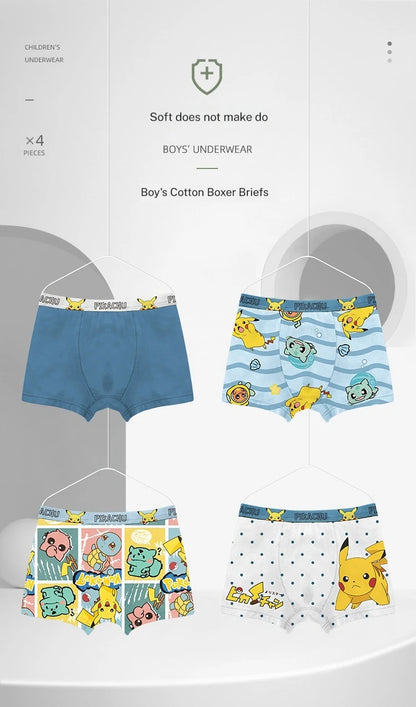 4-Piece Set Pikachu Boys' Underwear Pure Cotton Children'S Flat Corner Pants Summer Thin Spring Cartoon Cute Shorts