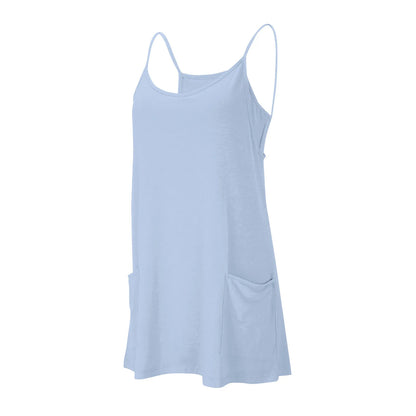 Women's Tennis Dress Solid Color Pocket Sexy Suspender Fake Two-piece Loose Breathable Comfortable Sports Dress