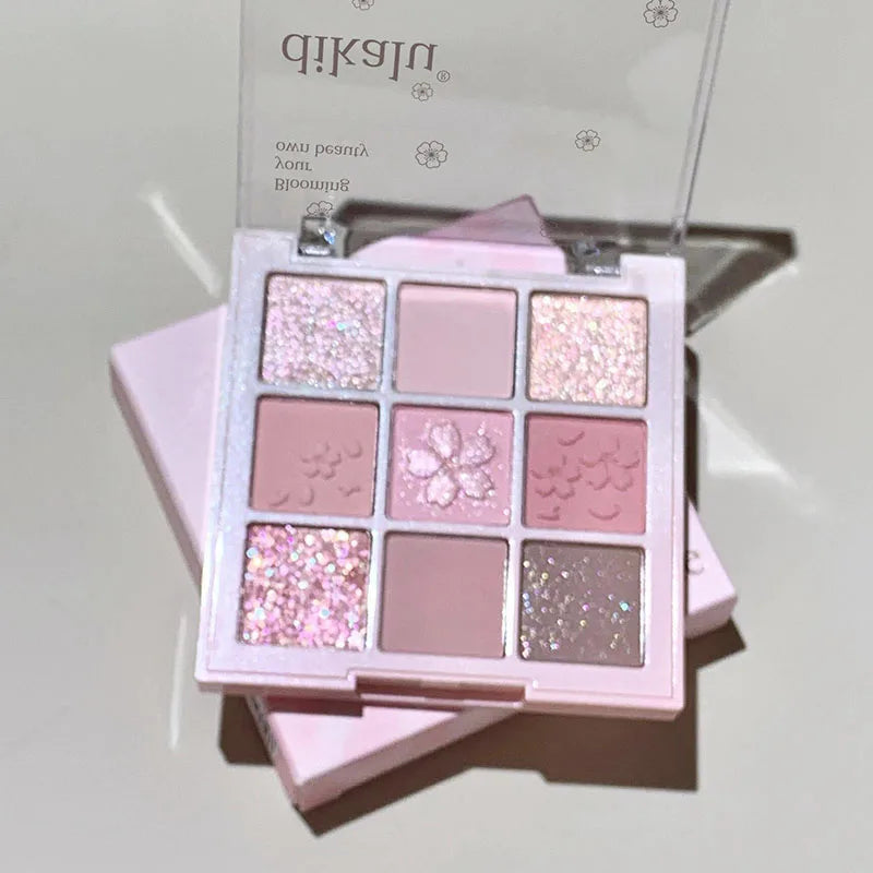 DIKALU 9-Color Sakura Eyeshadow Palette Glitter Matte Low Saturation Pink Brown Nude Makeup Shimmer Eye Pigments Long Lasting