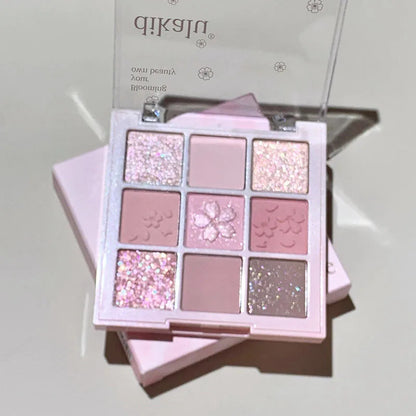 DIKALU 9-Color Sakura Eyeshadow Palette Glitter Matte Low Saturation Pink Brown Nude Makeup Shimmer Eye Pigments Long Lasting