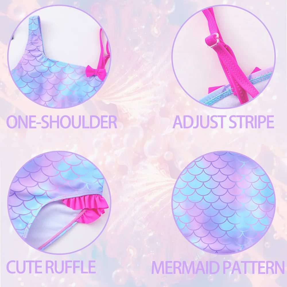 Girls' "Nature Love" Bikini Set: Mermaid Scale Pattern with Chibi Fox & Asymmetric Ruffles
