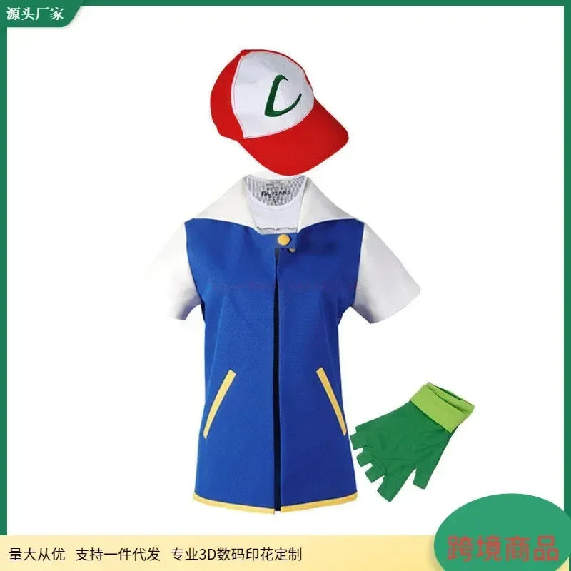Pokemon Ash Ketchum Figures Men Cosplay Costume Blue Jacket Boys For Halloween Party Trainer Gloves Cap Set Anime Christmas Gift
