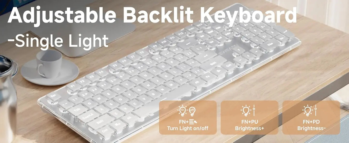 Wired USB Keyboard with White Backlit Metal Panel Pudding Keycaps Full Size Quiet Computer Keyboard for Windows PC Laptop Gamer