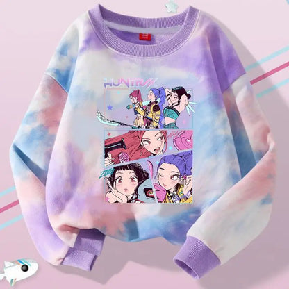 K-Pop Hunters Zoey Mira Rumi Tie-dyed Sweatshirt for Girl Pullover Crew Neck Child Sportwear Long Sleeve Cartoon Kids Tops