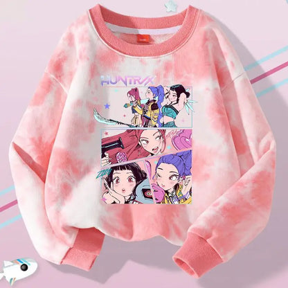 K-Pop Hunters Zoey Mira Rumi Tie-dyed Sweatshirt for Girl Pullover Crew Neck Child Sportwear Long Sleeve Cartoon Kids Tops