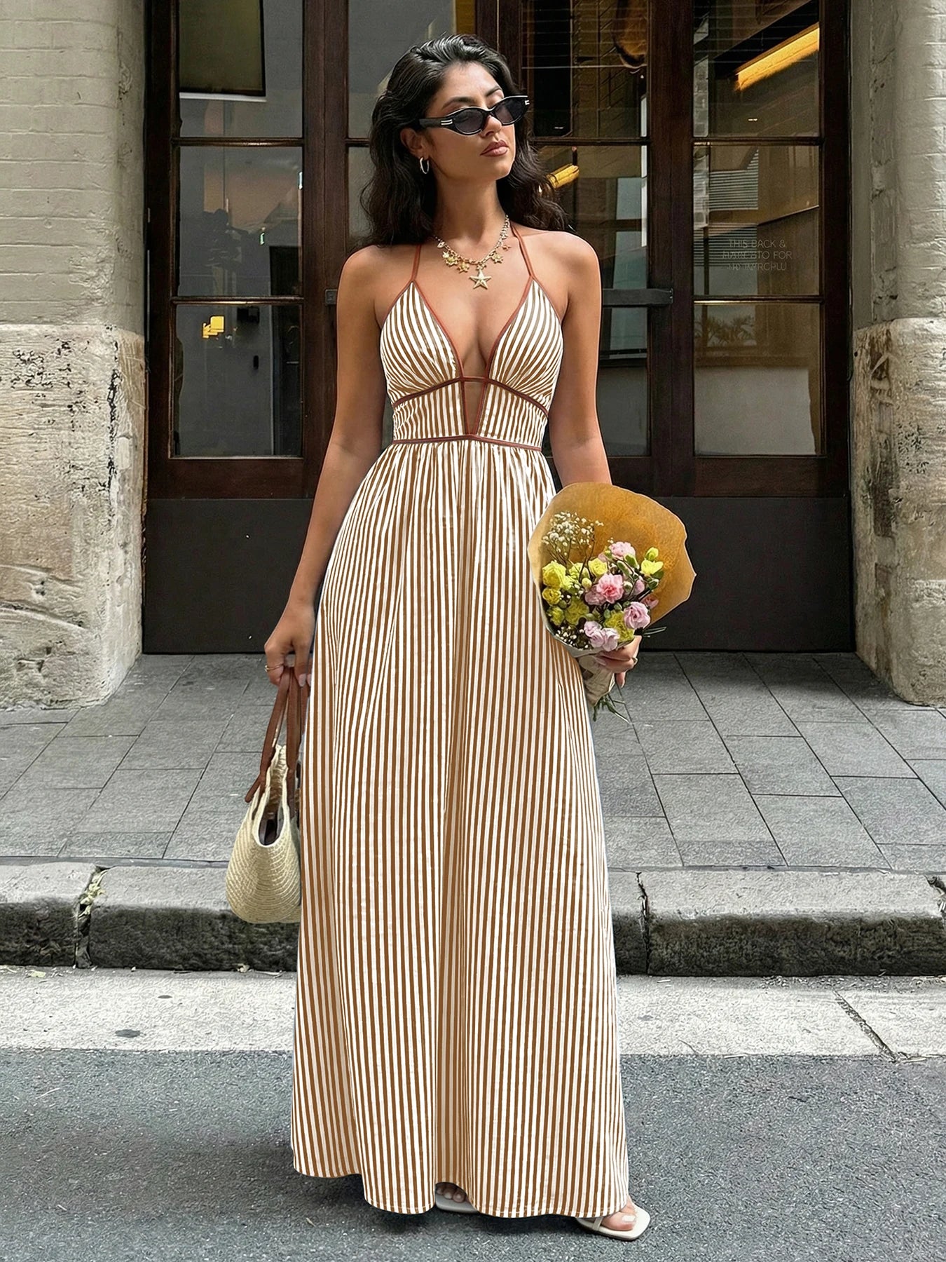 2026 Summer New Style Deep V-neck Striped Beach Dress, Sexy Backless Sleeveless Neckline Long Dress