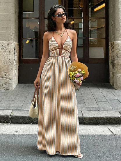 2026 Summer New Style Deep V-neck Striped Beach Dress, Sexy Backless Sleeveless Neckline Long Dress