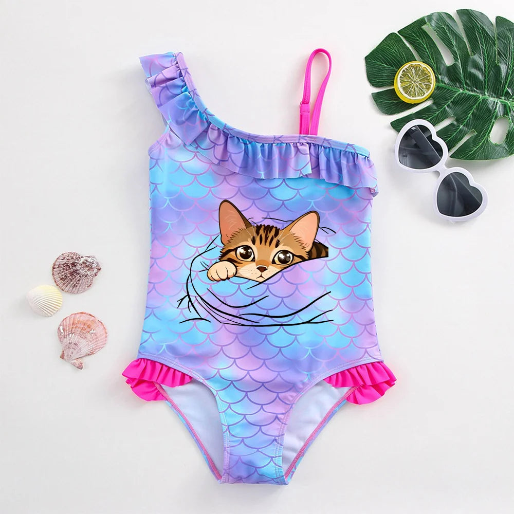 Girls' "Mermaid Heart" One-Piece Swimsuit: Colorful Scale Pattern with Asymmetric Ruffles