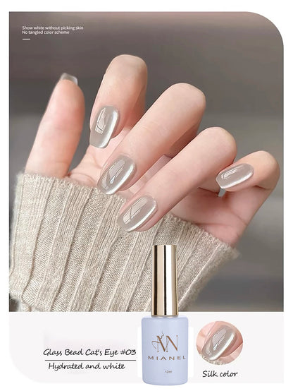MIANEL 12ML Glass Bead Cat Eye Gel Nail Polish Flash White Spar Nude Color Magnetic Nail Polish White Nails Summer Nails 1-12pcs