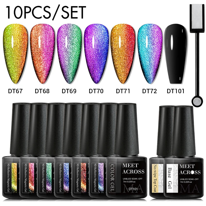 MEET ACROSS 11/9/10Pcs Cat Magnetic Gel Nail Polish 9D Magnetic Gel Semi Permanent Nail Art Soak Off UV Gel Varnish Nails Kit