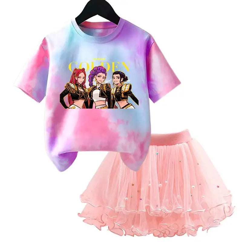 Girls' K-Pop HUNTRX Princess Set: Tie-Dye Graphic Tee & Pearl Tutu Skirt 2-Piece Outfit
