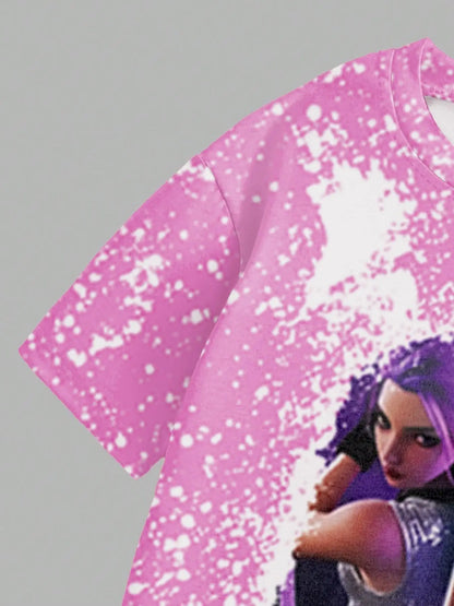 Girls' K-Pop Retro Duo Set: Pink Splatter Graphic Tee & Black Flared Pants