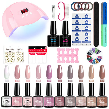 Limegirl Nail Gel Polish Set with UV Lamp 10 Colors Gel Polish Manicure Salon Tools Kit for Nail Art with Base Coat and Top Coat