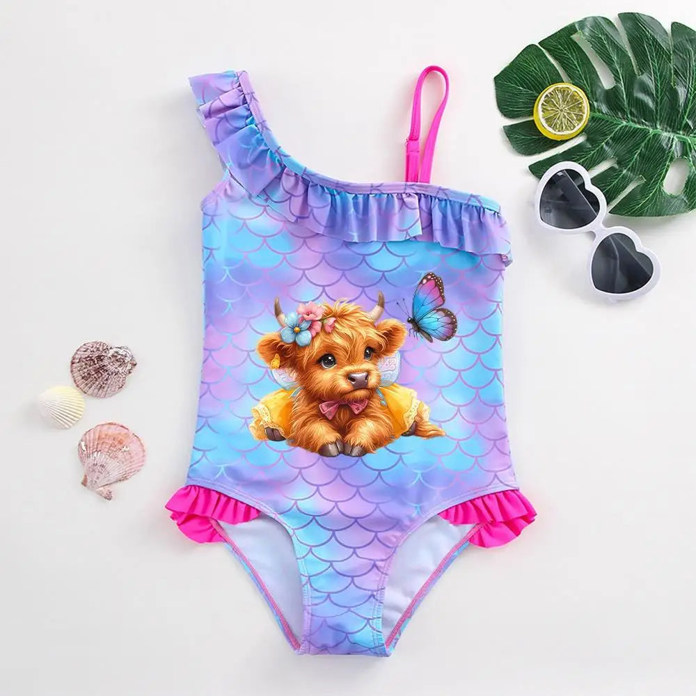 Girls' "Mermaid Heart" One-Piece Swimsuit: Colorful Scale Pattern with Asymmetric Ruffles