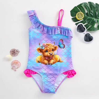 Girls' "Mermaid Heart" One-Piece Swimsuit: Colorful Scale Pattern with Asymmetric Ruffles
