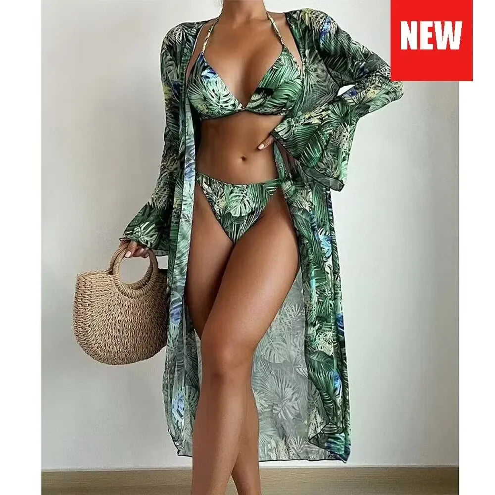 Three Pieces Bikini Set Cover Up Women 2023 New Push Up Twist Swimsuit Print Long Sleeve Swimwear Biquini Bathing Suit Summer